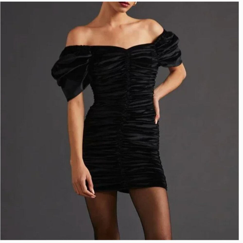 ⭐️🌻 Ruched Puff-Sleeved Boho Peasant Elegant Velvet Hipster Party Mini Dress